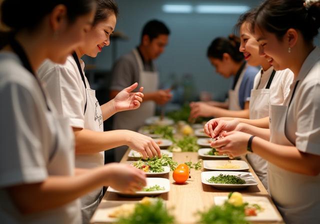 People in an interactive cooking class, smiling and preparing ingredients.