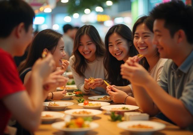 A diverse group of happy people tasting food on a guided tour in a bright hawker centre.
