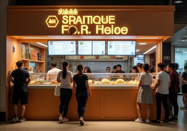 A modern, clean hawker stall with a new logo and happy customers in line.