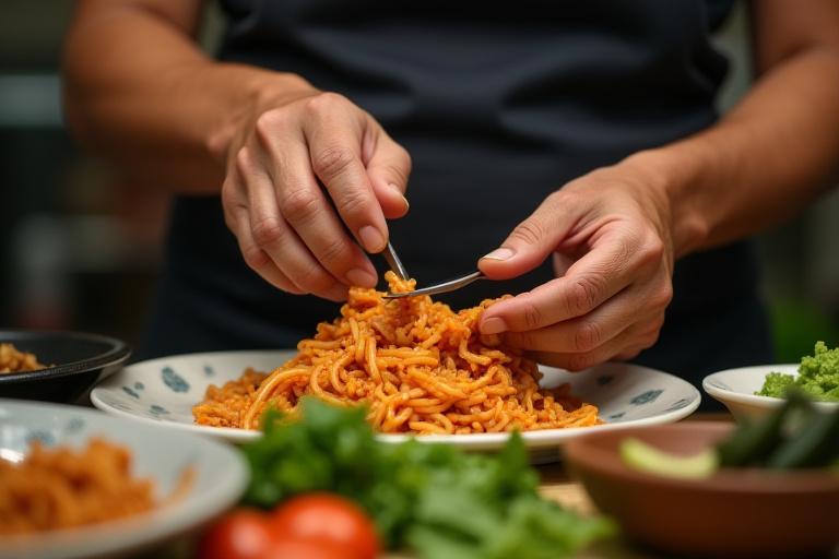 Close-up of an elderly hawker's hands expertly preparing a traditional dish.